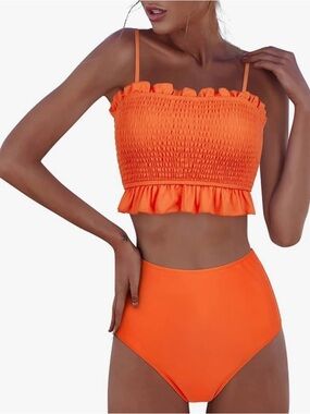 Orange Smocked Ruffle Two-Piece Bikini